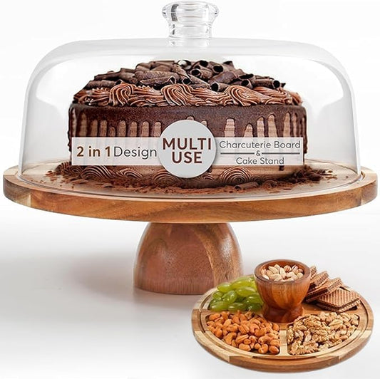 2-in-1 Acacia Wood Cake Stand with Lid, Cake Stand with Acrylic Dome Light Weight, Strudy & Well Polished, Cake Plate with Lid for Parties, Weddings, and Everyday Use, Cake Display Stand with Lid