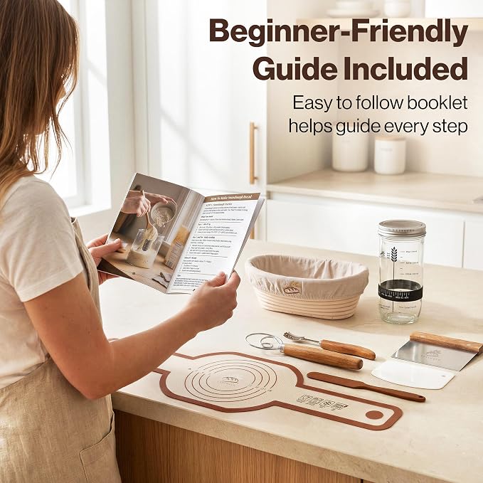 EDELHAUS Banneton Proofing Basket Complete Set Oval – Complete Sourdough Bread Baking Kit with Banneton Basket, Dough Tools, Sourdough Starter Jar, Bread Lame, Bench Scraper & Baking Mats