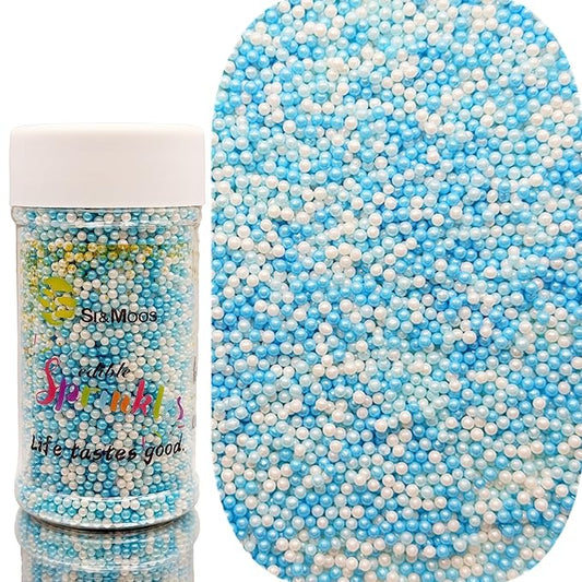 SE Si&Moos Nonpareil Sprinkles, 2mm White and Blue Mini Edible Pearls Blue and White Sprinkles for Cake Decorating Halloween Cookie Decorations Wedding Baby Shower Party Christmas Holiday Supplies 3.5 OZ