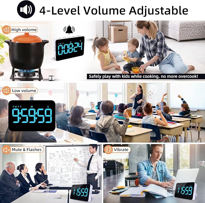 Rechargeable Digital Kitchen Timer for Cooking, Magnetic Timers with Countdown/up, Kids Timer with 5”LED Display 3 Brightness 4 Volume Adjustable for Classroom/Office/Home/Work/Fitness/Game（Blue）