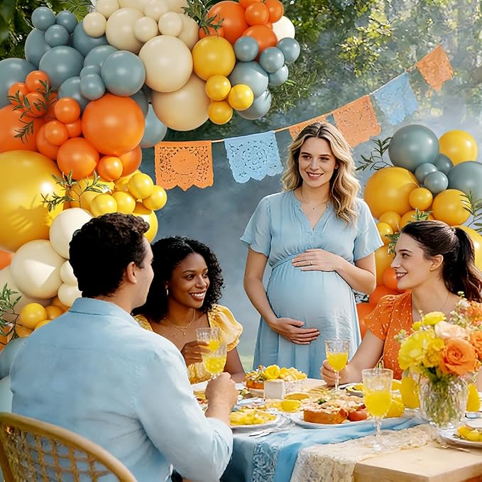 Here Comes the Son Balloon Arch Kit, 124Pcs Boho Retro Dusty Blue Burnt Orange Yellow Ivory White Balloons for Baby Shower First Trip Around the Sun Sunshine Theme Birthday Party Decorations