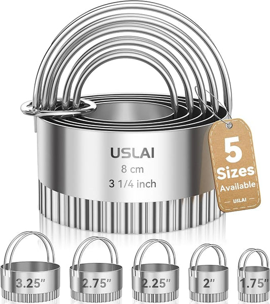 USLAI Biscuit Cutter Set (1.75, 2, 2.5, 2.75, 3.25 Inch), Stainless Steel Fluted Round Cookie Cutter with Handle, Professional Kitchen Baking Dough Tools, 5 Pieces - Wave