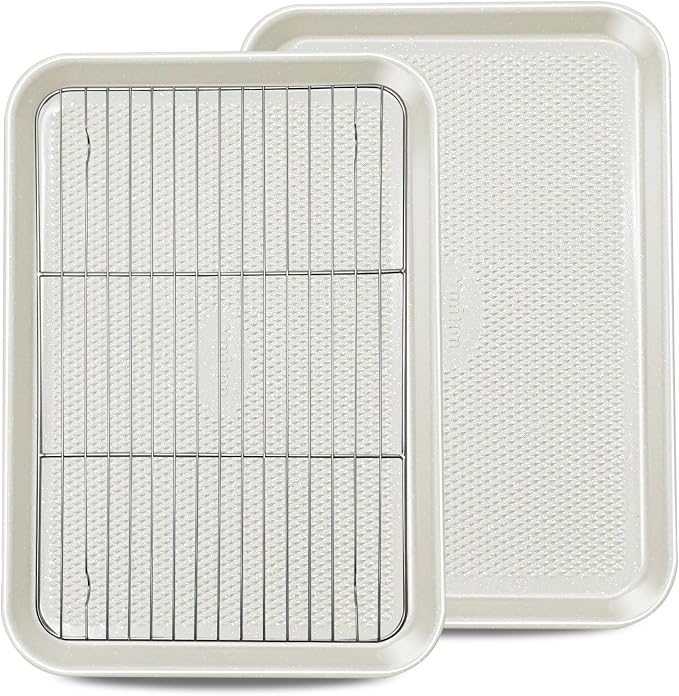 2-Pack 12x17 Half Sheet Pan Baking Sheet Set with Wire Rack - Nonstick 0.8mm Thick Carbon Steel, Cookie Sheets for Baking, Dishwasher Safe, Warp Resistant, Oven Safe 450°F, Salted Gray