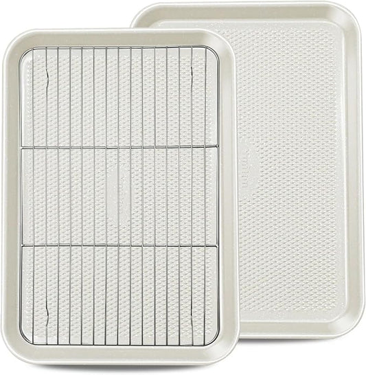 2-Pack 12x17 Half Sheet Pan Baking Sheet Set with Wire Rack - Nonstick 0.8mm Thick Carbon Steel, Cookie Sheets for Baking, Dishwasher Safe, Warp Resistant, Oven Safe 450°F, Salted Gray