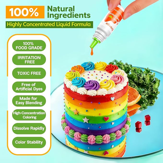 Natural Food Coloring - 6 Colors Dye Free Food Coloring, Strong Color Power, Gluten-Free, FD&C & Artificial Dye Free Formula for Baking, Icing and Cooking, Cakes, Cupcakes, Frosting，Easter Eggs & Holiday Treats