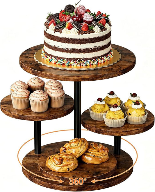 4 Tier Round Cupcake Tower Stand for 50 Cupcakes, 360° Rotating Large Wood Cake Stand with Tiered Trays Dessert Table Display Set Round Cookie Tiered Tray Stand for Wedding Birthday Graduation Party Tea Time