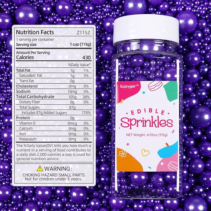 Purple Sprinkles for Cake Decorating, Edible Pearl Sprinkles for Cupcake Toppers Baking Decorations Cookie Lover Birthday Celebrations Wedding Shower Party, 4.05oz