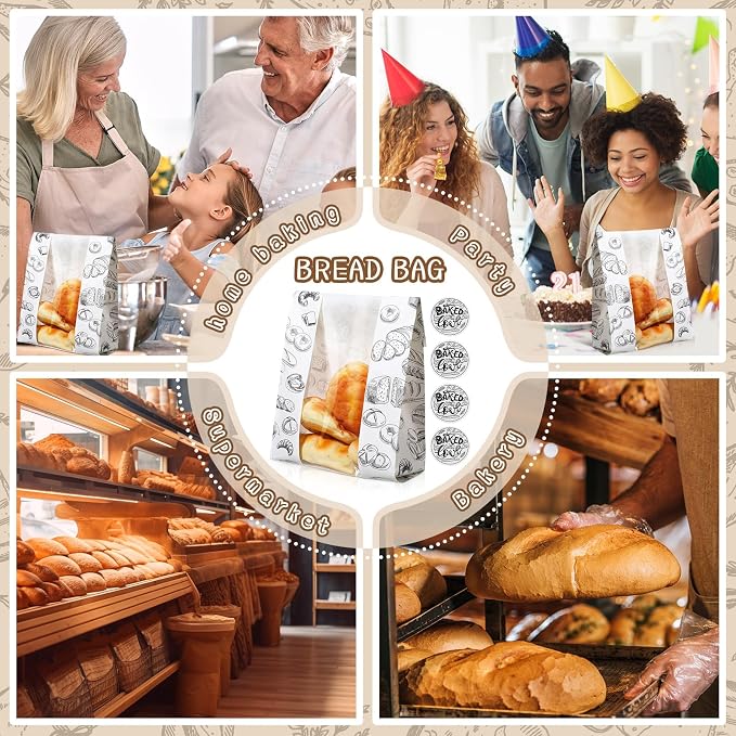MotiMind 100 Packs Paper Bread Bags for Homemade Bread Sourdough 14 x 8.3 x 3.5 Inches Kraft Paper Bakery Bag with Window Label Seal Sticker for Baked Food Packaging Storage(White)
