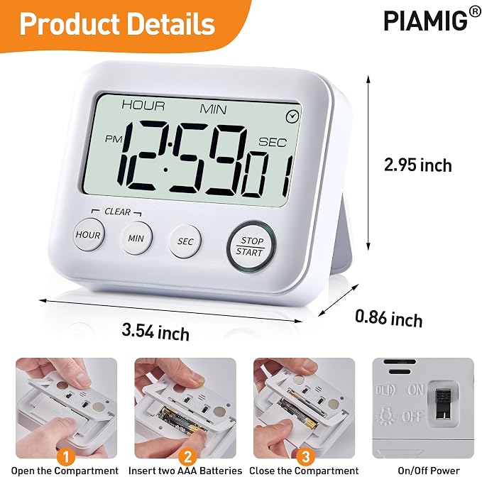 Digital Kitchen Timer Alarm Clock for Cooking, Large LCD Display Multi-Function, Strong Magnetic with Loud Alarm, Digital Timer for Kids,Teachers,Classroom, Exercise or Work (White)