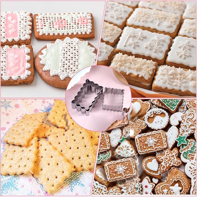 6Pcs Scalloped Cookie Cutter Set, 2 Inch Square & 2.5 Inch Small Rectangle, Jagged Edge Design