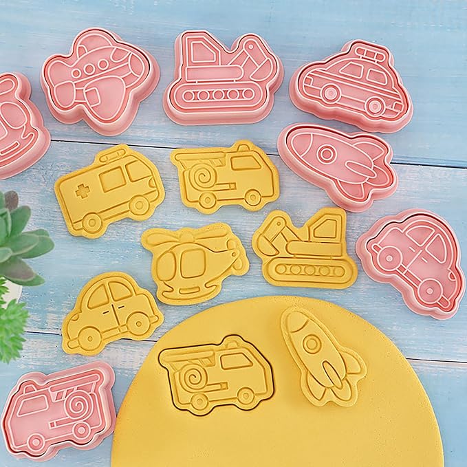 Transportation Vehicle Cookie Cutters with Cookie Stamps 8 Pcs Small Car Theme Cookie Stamps for Boys (Transportation Vehicle)