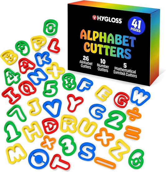 Hygloss 41-Piece Alphabet Cutters Set – ABC Letter and Number Mold Kit with Bright Colors – Educational Clay and Dough Tools & Accessories for Learning – Arts & Crafts for Kids Ages 3-6