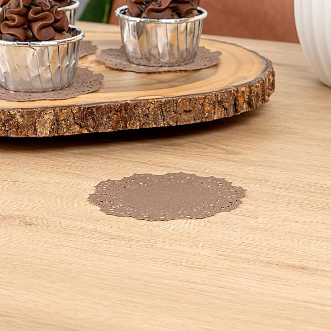 Pastry Tek 4 x 4 Inch Paper Lace Doilies, 4000 Disposable Table Doilies - Elegant Lace Finish, Long Lasting, Brown Paper Doily, for Pastries, Cupcakes, Desserts - Restaurantware