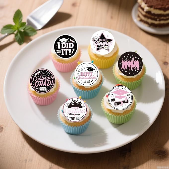 63 PCS Edible 2026 Graduation Cupcake Toppers Diploma Congrats Grad Cap Class of 2026 Cupcake Decorations Edible 2026 Graduation Decorations for 2026 Grad Party Cake Decorations Supplies Pink