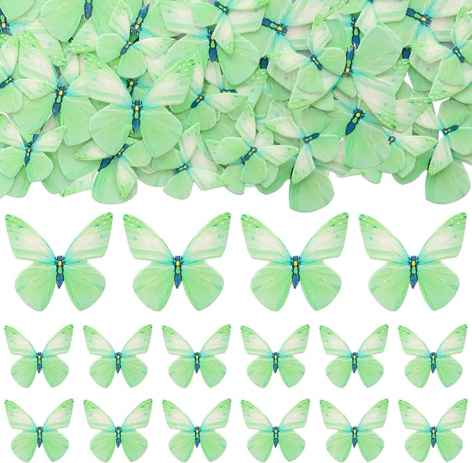 Gyufise 72Pcs Edible Butterfly Cupcake Toppers & Decorations for Butterfly Theme Baby Shower & Kids Birthday Party Cake Supplies - Green