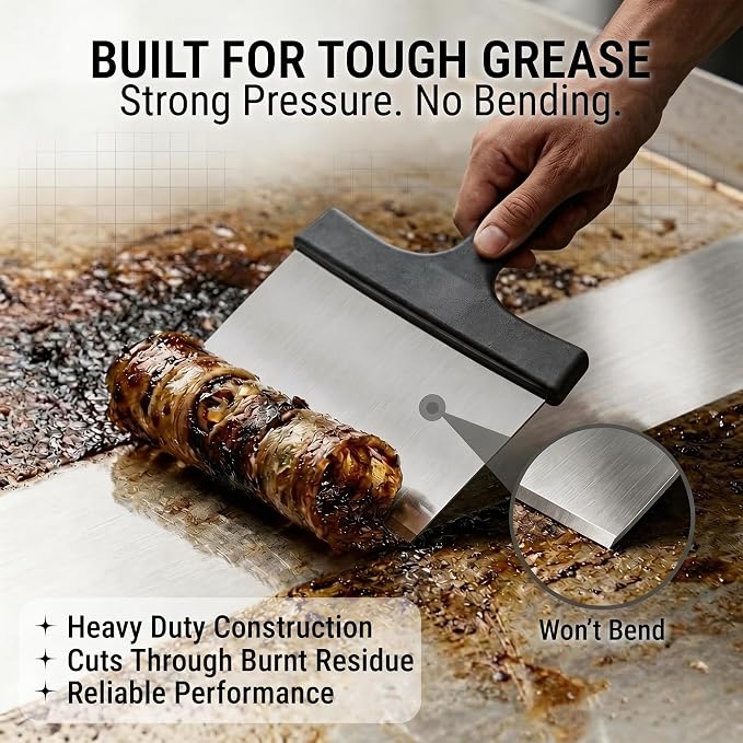 Grill Scraper, Stainless Steel Food Scraper with Handle – Heavy Duty Grill Scraper for Outdoor Grill, Flat Top Grill Cleaner, BBQ Tools & Accessories for Easy Grease and Stain Removal (Style 02)