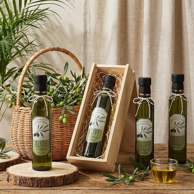 Reallnaive 12 Sets 8 oz Glass Olive Oil Bottles Empty Sauce Condiment Bottles with Tags and Twine and Funnel for Storing Homemade Olive Oil Christmas Wedding Baby Shower Gifts(Dark Green)