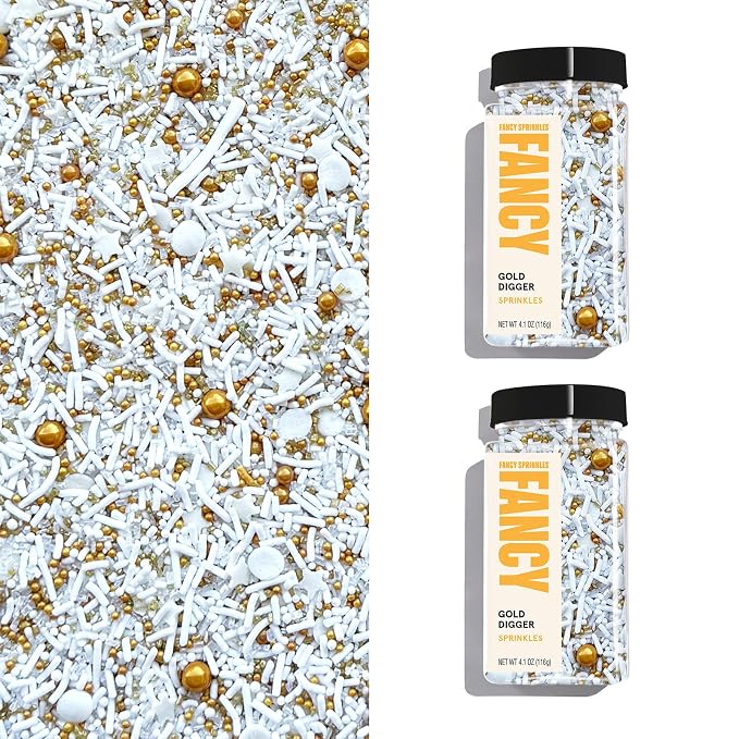 Fancy Sprinkles Gold Digger Sprinkle Mix | Gold & White Jimmies, Candy Pearls & Stars | Cake, Cupcake & Cookie Decorating | Wedding, Bridal Shower & New Year's | 2 Pack (0.5c)