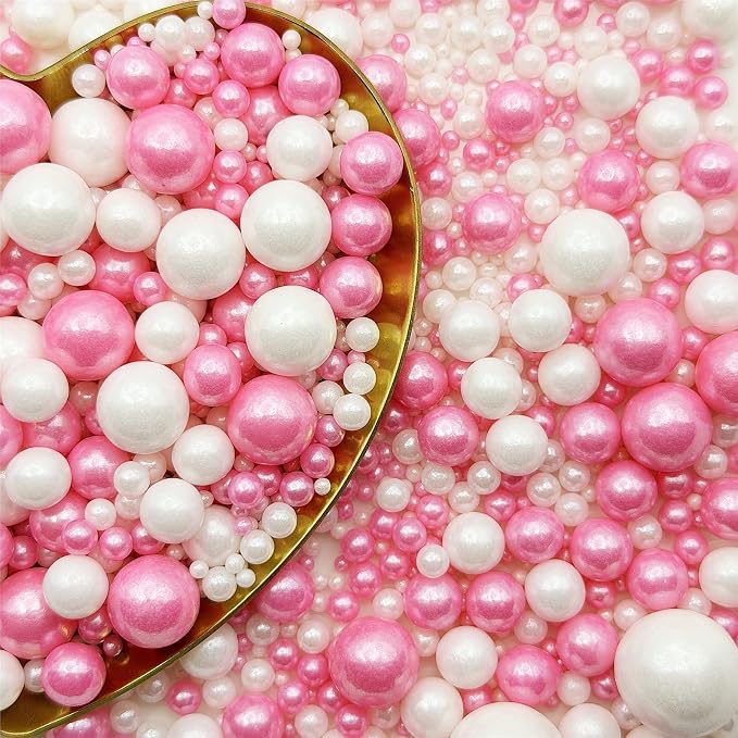 CandiJumpin Edible Pearls for Cake Decorating, Hot Pink and White Pearl Sprinkles Hot Pink Sugar Pearls Edible Cake Decorations White Pearl Sugar Sprinkles Cupcake Toppers Baby Shower Party Birthday Wedding Christmas Supplies 3 OZ
