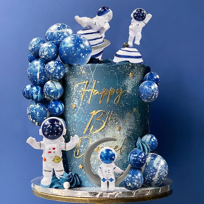 Astronaut Figurines Space Cake Toppers Blue Star Ball Cake Toppers for Space Theme Party Kids Birthday Party Baby Shower Supplies (Royal Blue)