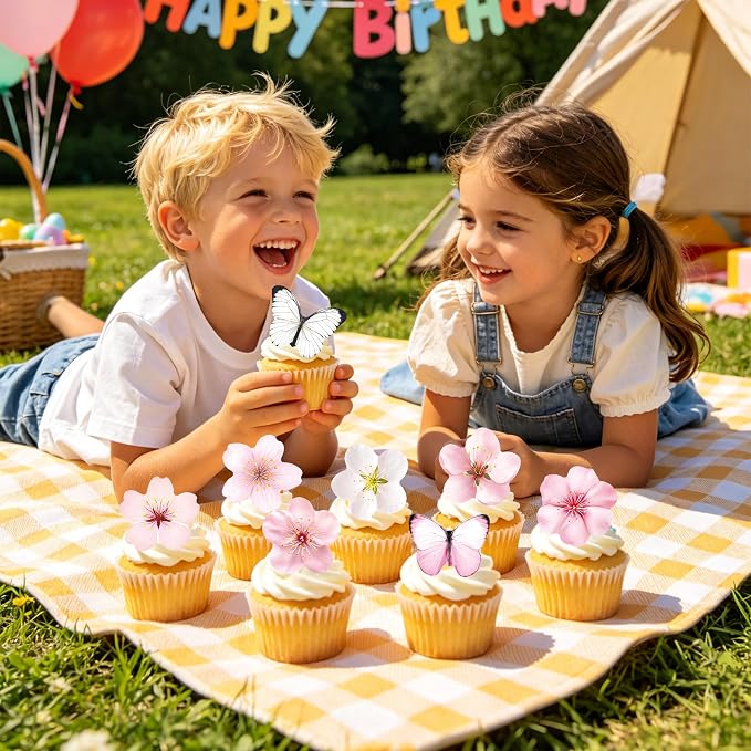 72 PCS Edible Cherry Blossoms Butterfly Cupcake Toppers Wafer Paper Flowers Cake Decorations Ideal for Baby Shower Kids Birthday Party Decorations Edible Flowers Cake Decorations for Celebrations