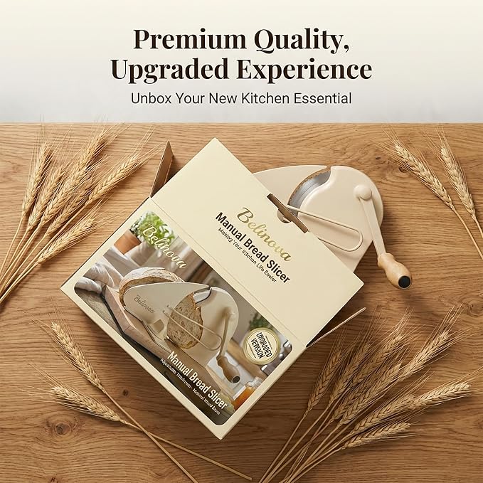 Sourdough Bread Slicer for Homemade Bread, Adjustable Thickness, Hand Crank | Adjustable thickness up to 0.9 in, 430 stainless steel blade, anti-jam guide, solid wood base, suction feet, and hand crank.