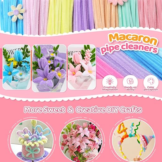 7 Color Macaron Pipe Cleaners Bulk with Pompoms - 900pcs Craft Kit Fluffy Fuzzy Wire and Pastel Pom Poms Chenille Stems for Arts & Crafts, Flowers School Classroom Christmas Party Supplies