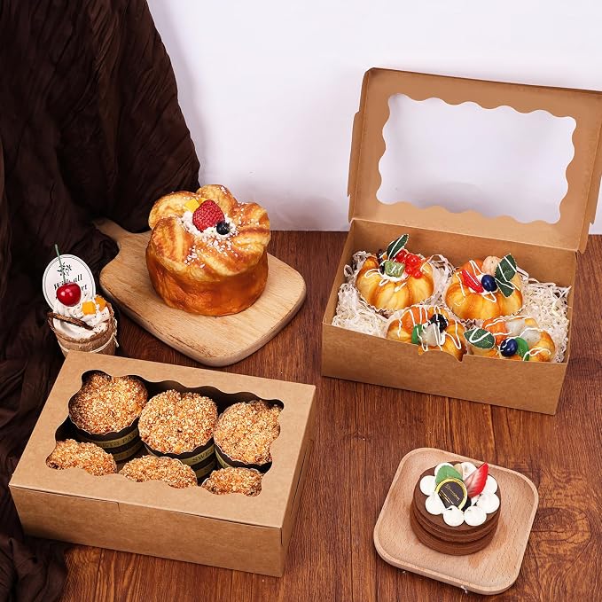Moretoes 10pcs Bakery Boxes, 9x6x3 Inch Brown Cookie Boxes with Window,Pastry Containers for Chocolate Covered Strawberries, Candy, Muffins, Donuts