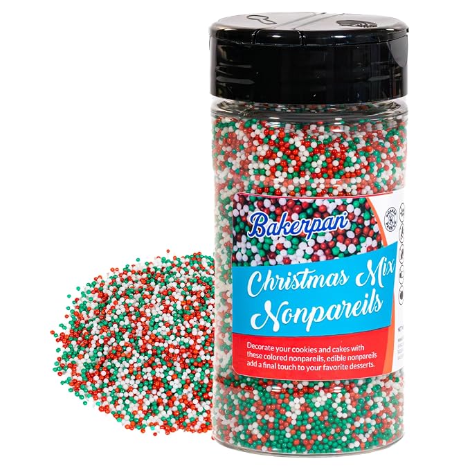 Bakerpan Christmas Nonpareils Sprinkles - 7 Ounces Christmas Sprinkles for Cake Decorating - Edible Nonpareils for Cupcakes, Ice Cream, Cake Decorations (Made in USA)