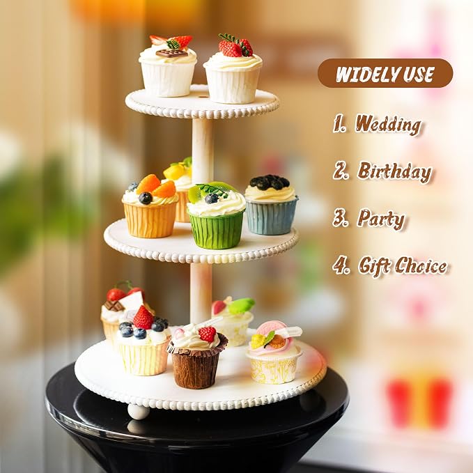 GENMOUS 3 Tier Beaded Cupcake Stand for Farmhouse Wedding Decor, Rustic Wood Cupcake Tower Holder for 24 Cupcakes, White Three Tiered Serving Tray Dessert Display Stand for Birthday Party Baby Shower
