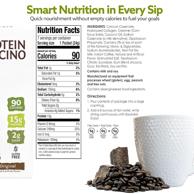BariWise Protein Hot Drink Cappuccino Mix, Original, Low Sugar, Gluten Free, Keto Friendly & Low Carb (7ct)