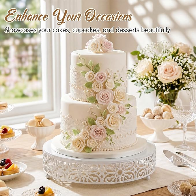 Wenqik 12 Inch Cake Stand Round Metal Cupcake Dessert Wedding Cake Stand Cookies Display Holder Fruit Food Serving Tray for Table Wedding Birthday Anniversary Party Decor (White)
