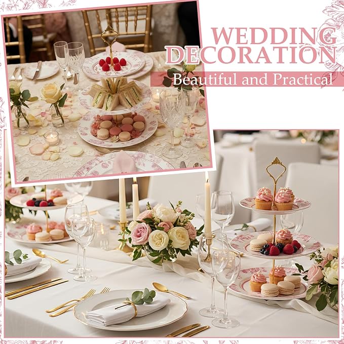 Lallisa Pink Floral 3 Tier Dessert Stand 10", 9" and 7" Ceramic Vintage Chinoiserie Tea Party Tiered Tray Cupcake Stand Display Holder Tower for Wedding Baby Shower Bridal Shower Tea Party