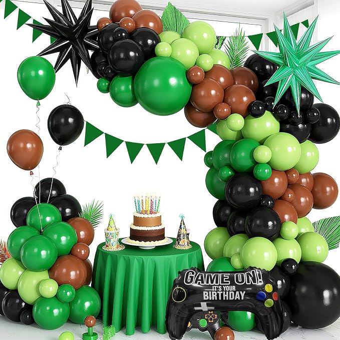 Video Game Balloon Arch Garland Kit with Green Black Brown Balloons Star Foil Balloon for boys Video Game Birthday Decorations