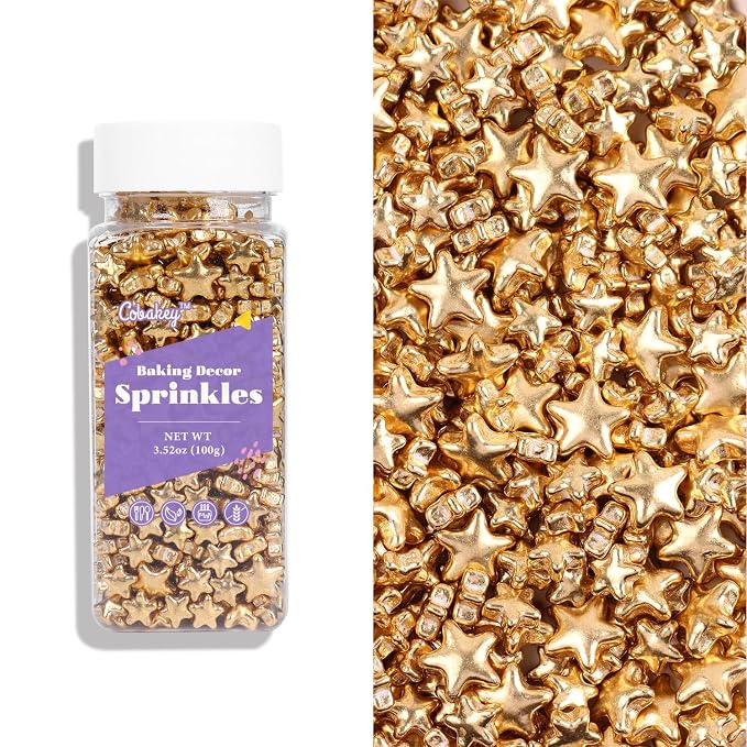 Cobakey Gold Star Sprinkles for Cake Decorations Bright Sugar Sprinkles for Cupcake Toppers Wedding Party Valentines Halloween Christmas Supplies100g/ 3.52oz
