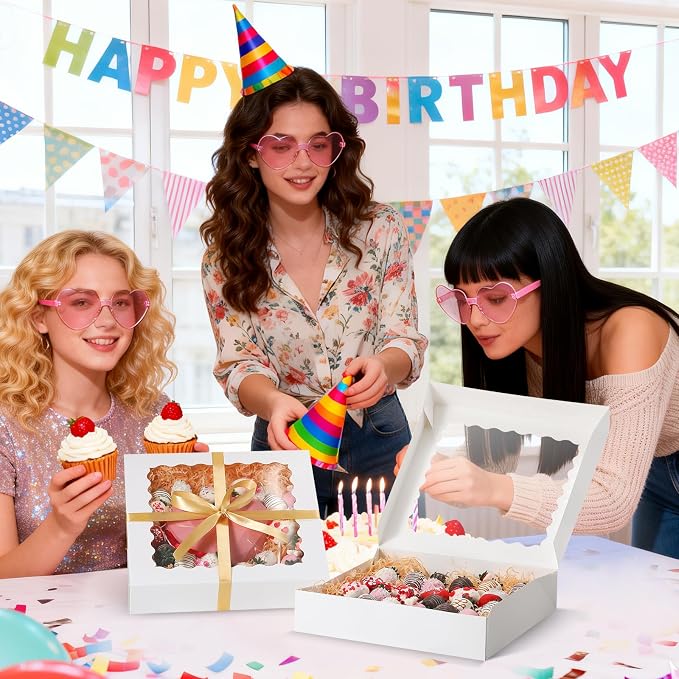 24 Pack Pie Boxes, 12x12x2.5 Inch Bakery Boxes with Window, White Auto-Popup Cookie Box with Ribbon and Sticks for Treats, Pies, Muffins, Donuts and Pastries