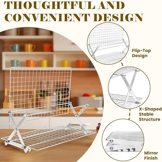 BEWOS 2-Tier Collapsible Cooling Rack, Adjustable Stainless Steel Cooling Rack with X-Shaped Structure, Fine Mesh Baking Rack for Cookies, Baking, Grilling, Dishwasher Safe
