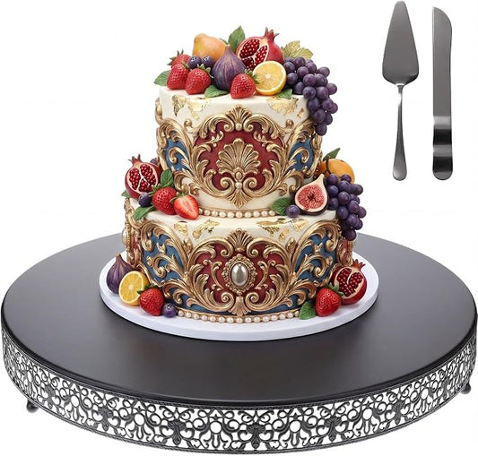 Wenqik 20 Inch Black Cake Stand Set Metal Round Cupcake Dessert Stand with Cake Cutting, Spatula Wedding Cupcake Pastry Display Candy Holder Display for Wedding Party Birthday Baby Shower(Classic)