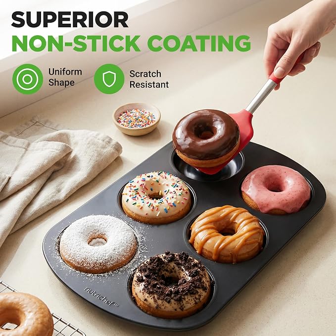 NutriChef Variety 2 Pack Full & Mini Donut Pan for Baking | One 12-Cavity Mini Donut Pan & One 6-Cavity Full Size Donut Pan for Baking | Carbon Steel Bagel Molds | Oven Safe Up To 450°F | Black