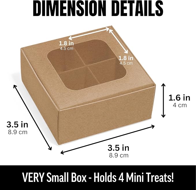 100 pcs Kraft Mini Truffle Box for 4 Treats with Window and Dividers, Bakery Boxes, 3.5 x 3.5 x 1.57 Inches VERY SMALL Baking Boxes for 4 Treats, Square Truffles Box for Gift Giving
