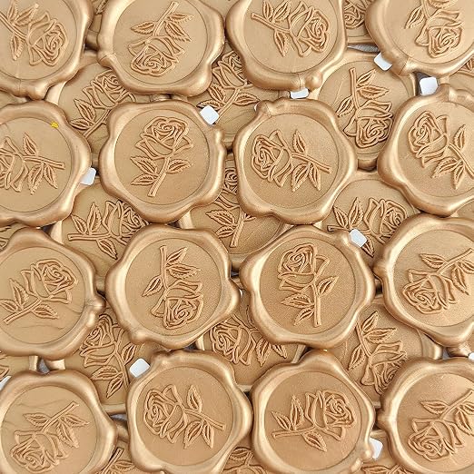 Wax Seal Stickers - 3D Rose Wedding Invitation Envelope Botanical Seal Stickers, 50 Pcs Self- Adhesive Light Gold Stickers, Perfect for Invitation, Christmas, Gift Wrapping, Wedding, Party