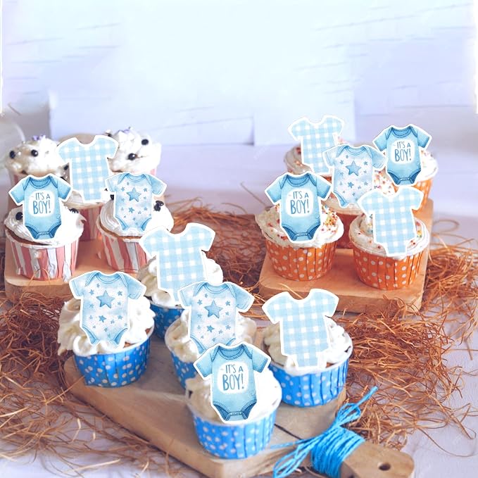 60 PCS Edible Bodysuit Cupcake Toppers Wafer Paper It's a Boy Cupcake Picks Edible Blue Gingham Theme Party Decorations for Boys Birthday Gender Reveal Baby Shower Party Cake Decorations Supplies