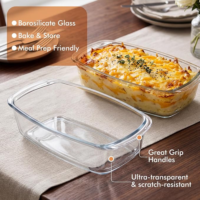 HOTEC 2-Pack LARGE 7.6 Cups/1800 ML/1.9 Qt Glass Loaf Pan, Microwave and Oven Safe - Loaf Pans For Food Storage Container, Bakeware for Bread, Lasagna, Potatoes, Meal Prep, Airtight Lid