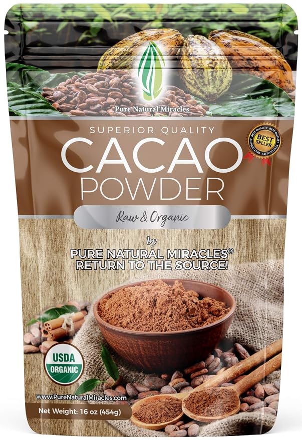 Pure Natural Miracles Cacao Powder Organic - Raw, Unsweetened, Non-Alkalized Cocoa - Ceremonial Grade, Single-Origin from Ecuador - Perfect for Hot Chocolate, Smoothies or Baking - 16 oz
