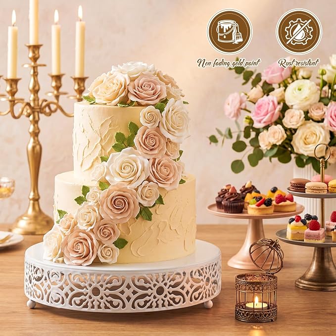 Wenqik 12 Inch Cake Stand Round Metal Cupcake Dessert Wedding Cake Stand Cookies Display Holder Fruit Food Serving Tray for Table Wedding Birthday Anniversary Party Decor (White)