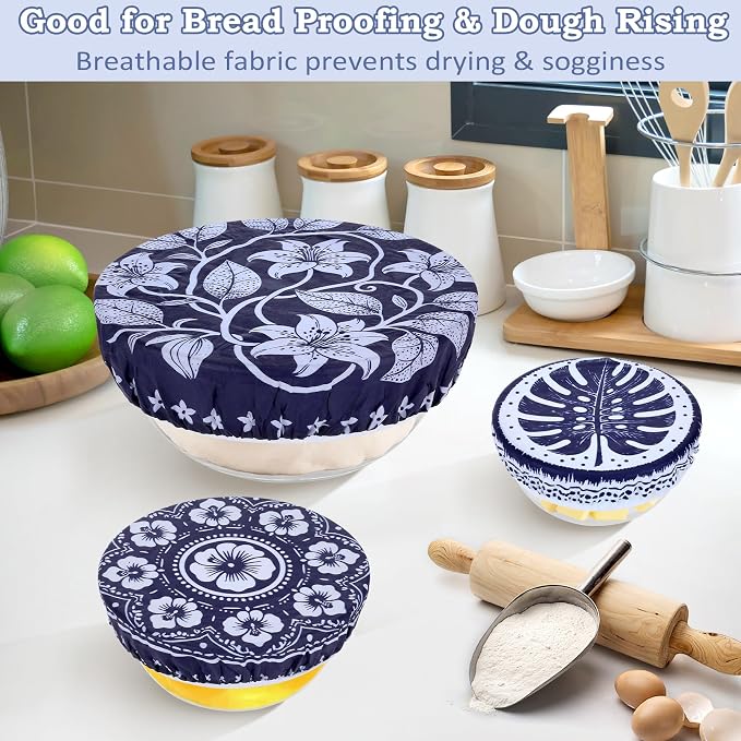 5-Size Reusable Beeswax Bowl Covers for Bread Proofing, Cotton Cloth Flexible Beeswax Wraps for Food Storage(Blue Lily)