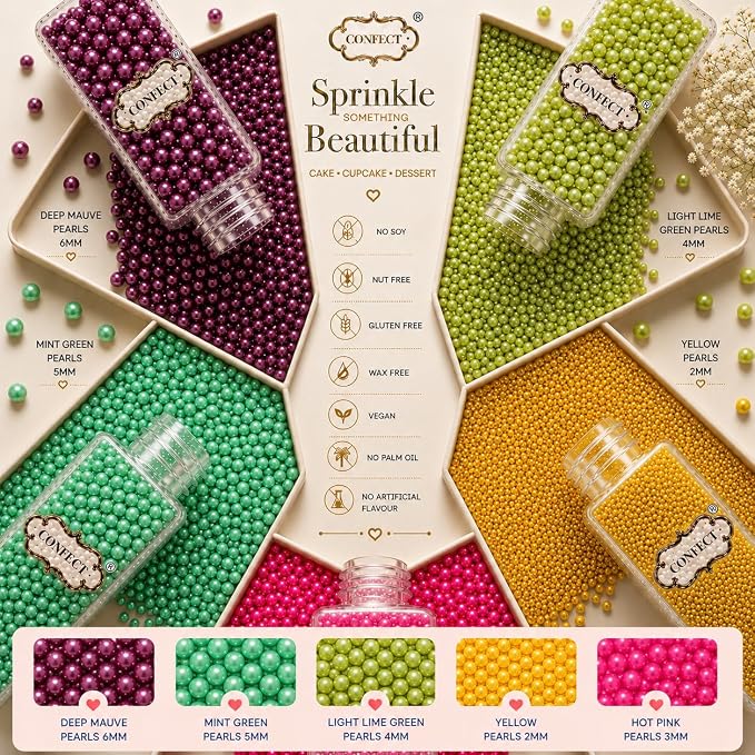 Confect Pearl Sprinkles – Tropical Summer 5 Pack Dragees Mix (Purple, Teal, Sea Green, Yellow & Bright Pink) – Fun & Festive Cake and Cupcake Decorations – Vegan, Gluten-Free, Nut-Free, Soy-Free, Dairy-Free, Palm Oil-Free, No Artificial Dyes- 5 Oz