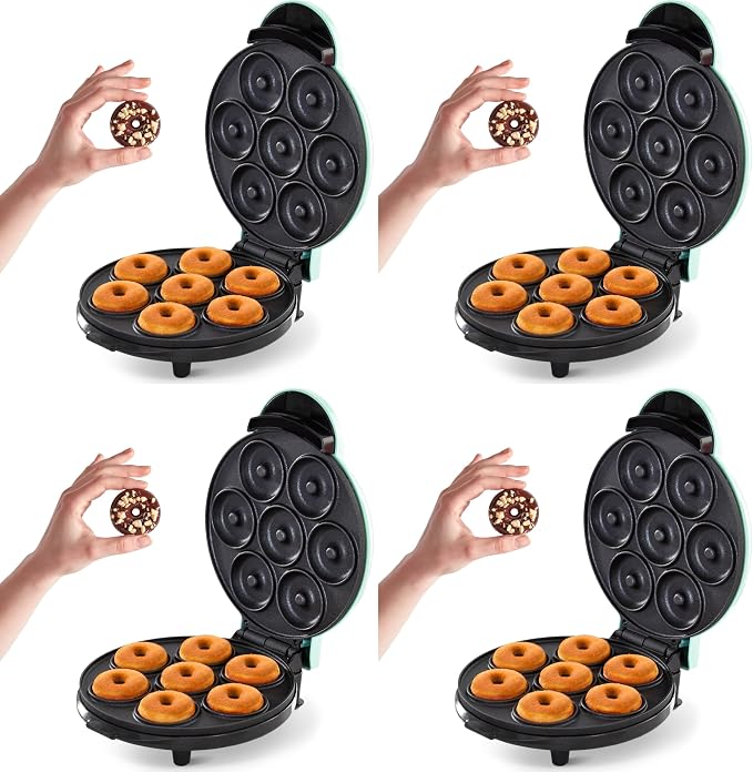 Dash Express Mini Donut Maker - Homemade Dessert Maker - Features Double-Sided,Non-Stick Surface & Space-Saving Design - Makes 7 - Aqua,(Pack of 4)