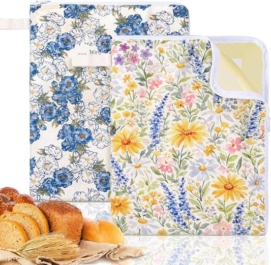 Hahafelt 2 Pack Beeswax Bread Bags for Homemade Sourdough Bread 17" x 13" Wide Zipper Access Organic Beeswax Linen Cotton Food Storage Bag with Sealing Zip to Keep Fresh (Flower)