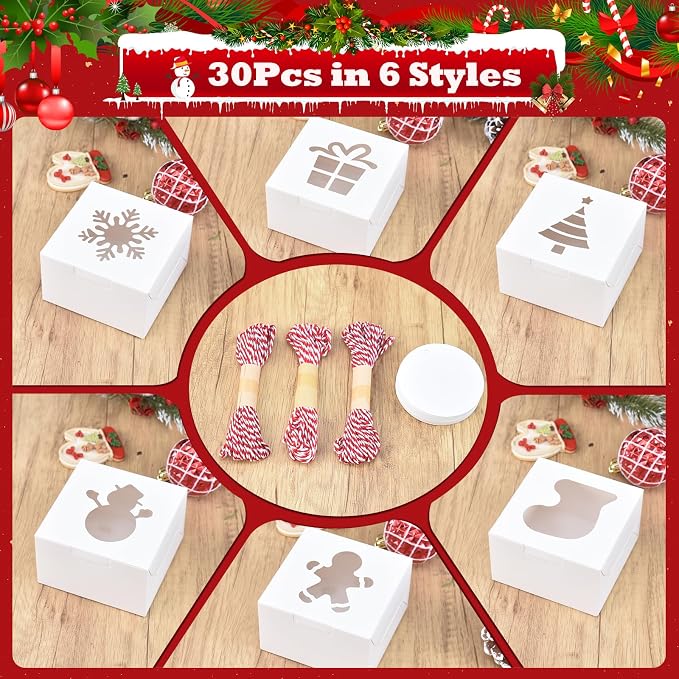 COTOPHER 30Pcs Christmas Cookie Boxes with Window, 4x4x2.5 inch White Bakery Boxes for Gift Giving, Mini Cake Boxes Holiday Pastries Boxes for Cakes Muffins Donuts Chocolate Strawberries